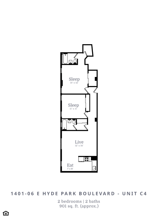 Floor plan for 2 beds, 2 baths, 901 sqft